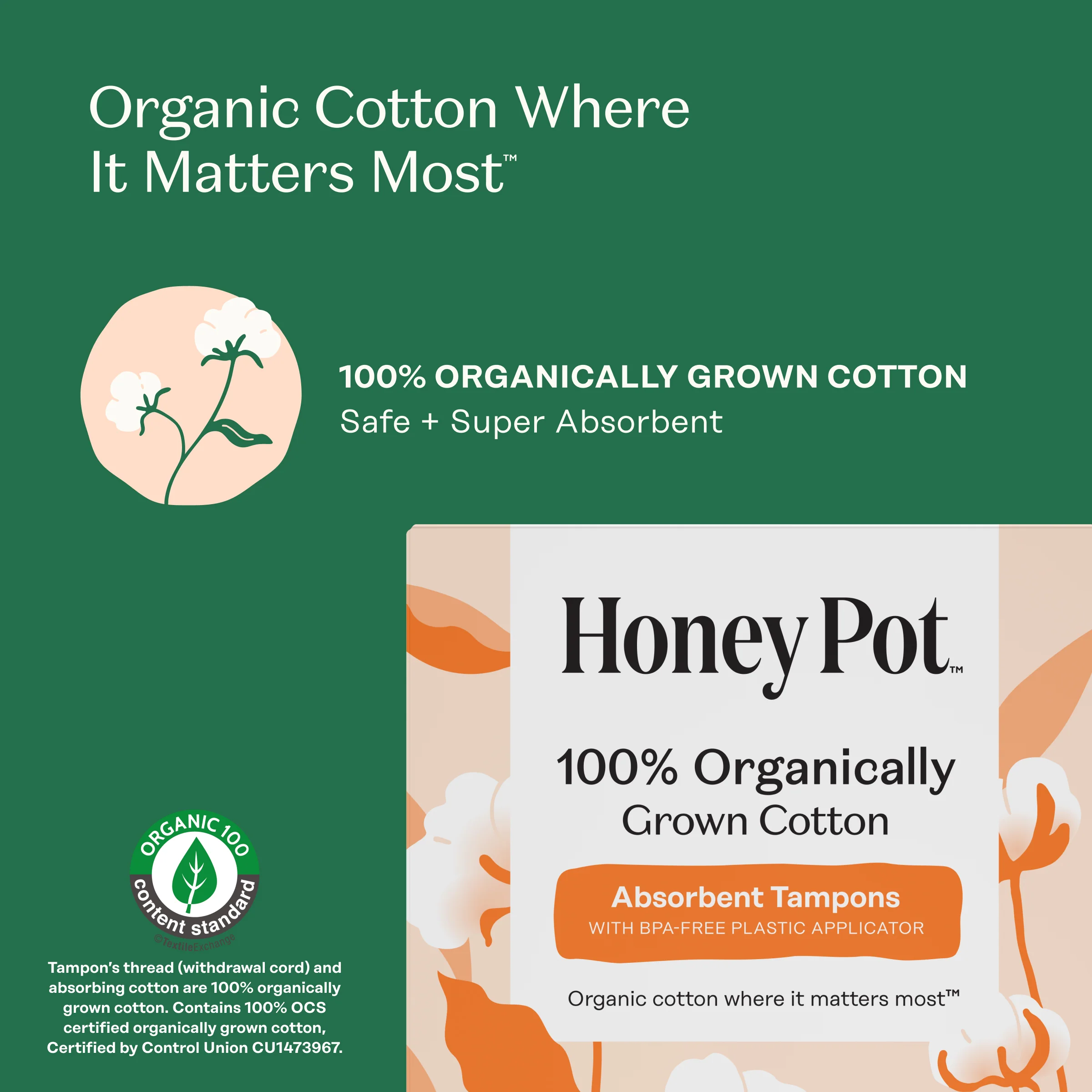 Regular 100% Organically Grown Cotton BPA Free Plastic Applicator Tampons - Image 6